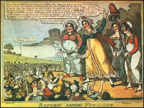 Zeitgenössische Darstellung der Frauenreformen in England 1819 (Postkartenmotiv, Sprecherinnen vor einer Versammlung)