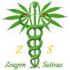 Logo der Zeugen Sativas mit Hermesstab und Hanfblättern