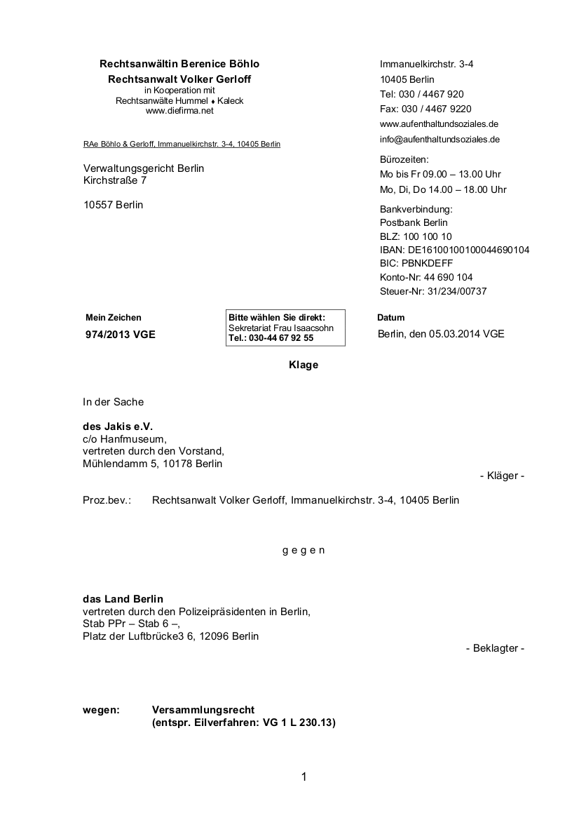 Die erste Seite der Klageschrift „Hanfparade vs. Versammlungsbehörde Berlin 2013“ – ein Link zum vollständigen Dokument ist unten im Artikel