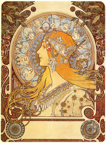 Alfons Mucha: Zodiac, Grafik 1896. Abbildung des Postermotivs.