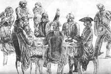 Kupferstichzeichnung von Voltaire und Diderot im Cafe Procope