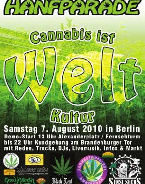 Flyer der Hanfparade 2010 mit "Cannabis ist (Welt)Kultur!"-Logo und Informationen zur Demo