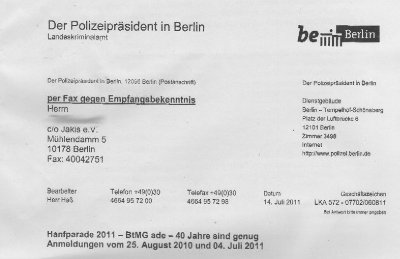 Kopf eines Briefes aus dem Büro des Polizeipräsidents in Berlin an die Hanfparade