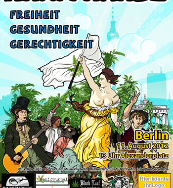 Flyer- und Postermotiv der Hanfparade 2012, angelehnt an „Die Freiheit führt das Volk“ (französisch: La Liberté guidant le peuple), Gemälde des französischen Malers Eugène Delacroix