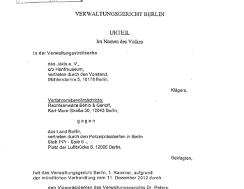 Titelblatt des Urteils „Hanfparade 2011 vs. Versammlungsbehörde“