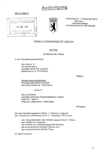 Titelblatt des Urteils „Hanfparade 2011 vs. Versammlungsbehörde“