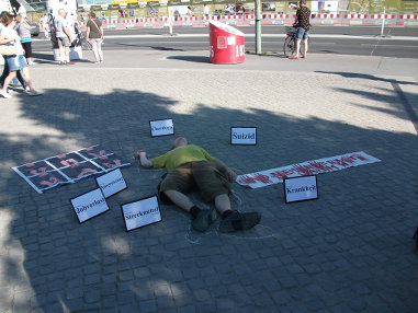 Foto einer „Leiche“ mit Transpis und Schildern bei einer der Straßenaktionen
