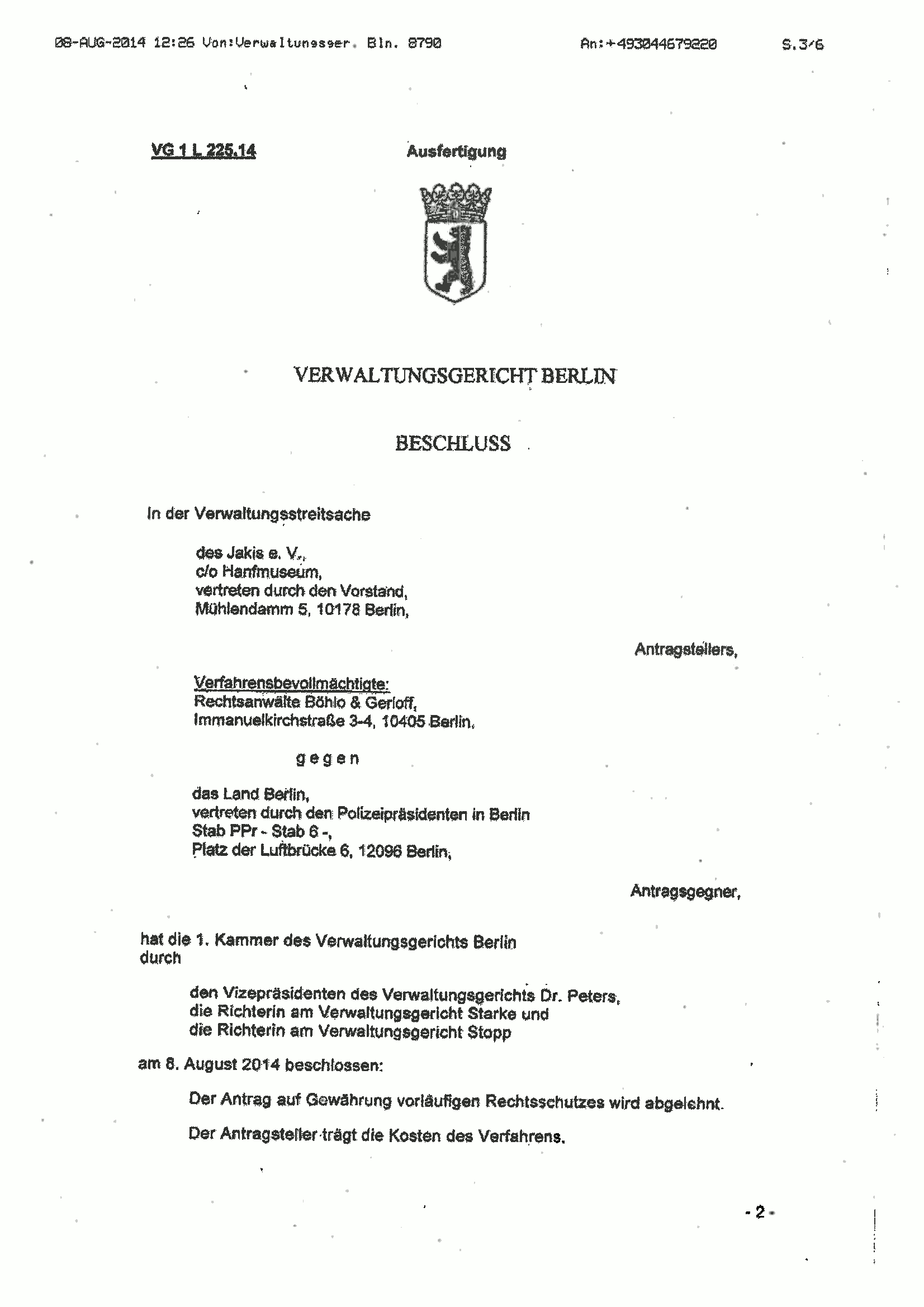Scan von Seite 1 des Beschlusses des Verwaltungsgerichts