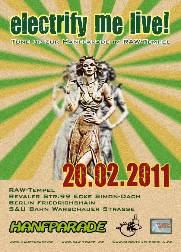 Flyer zur electrify me live! Soundsession am 20.02.2011 im RAW-Tempel (Stenzerhalle) Berlin