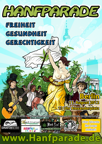 Flyer- und Postermotiv der Hanfparade 2012, angelehnt an „Die Freiheit führt das Volk“ (französisch: La Liberté guidant le peuple), Gemälde des französischen Malers Eugène Delacroix